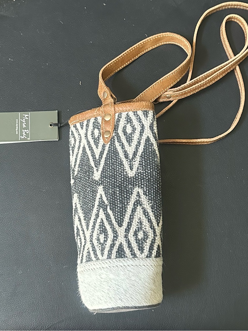 Myra Bag Black & Cream Crossbody Wine Bottle Bag with Leather Trim